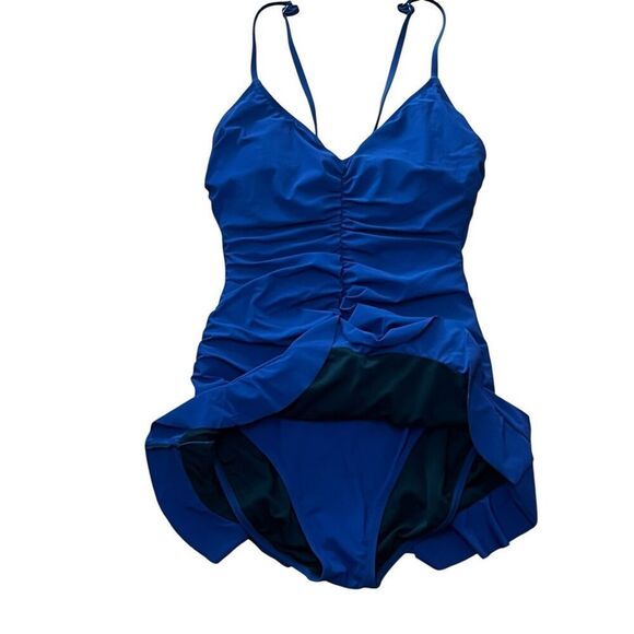 Profile by Gottex blue ruched ruffle hem tummy control flattering 10 swimsuit - Picture 3 of 6